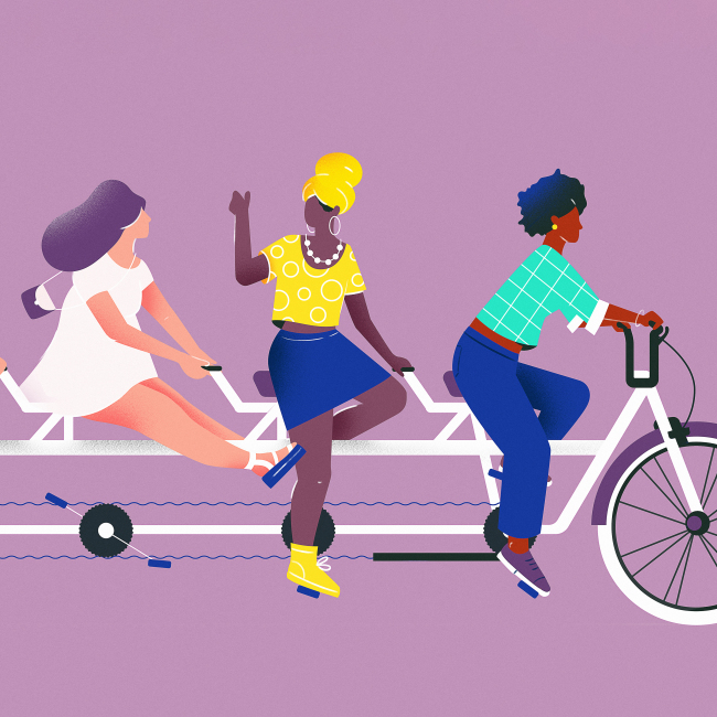 Illustration of five women riding a five seated tandem bike together