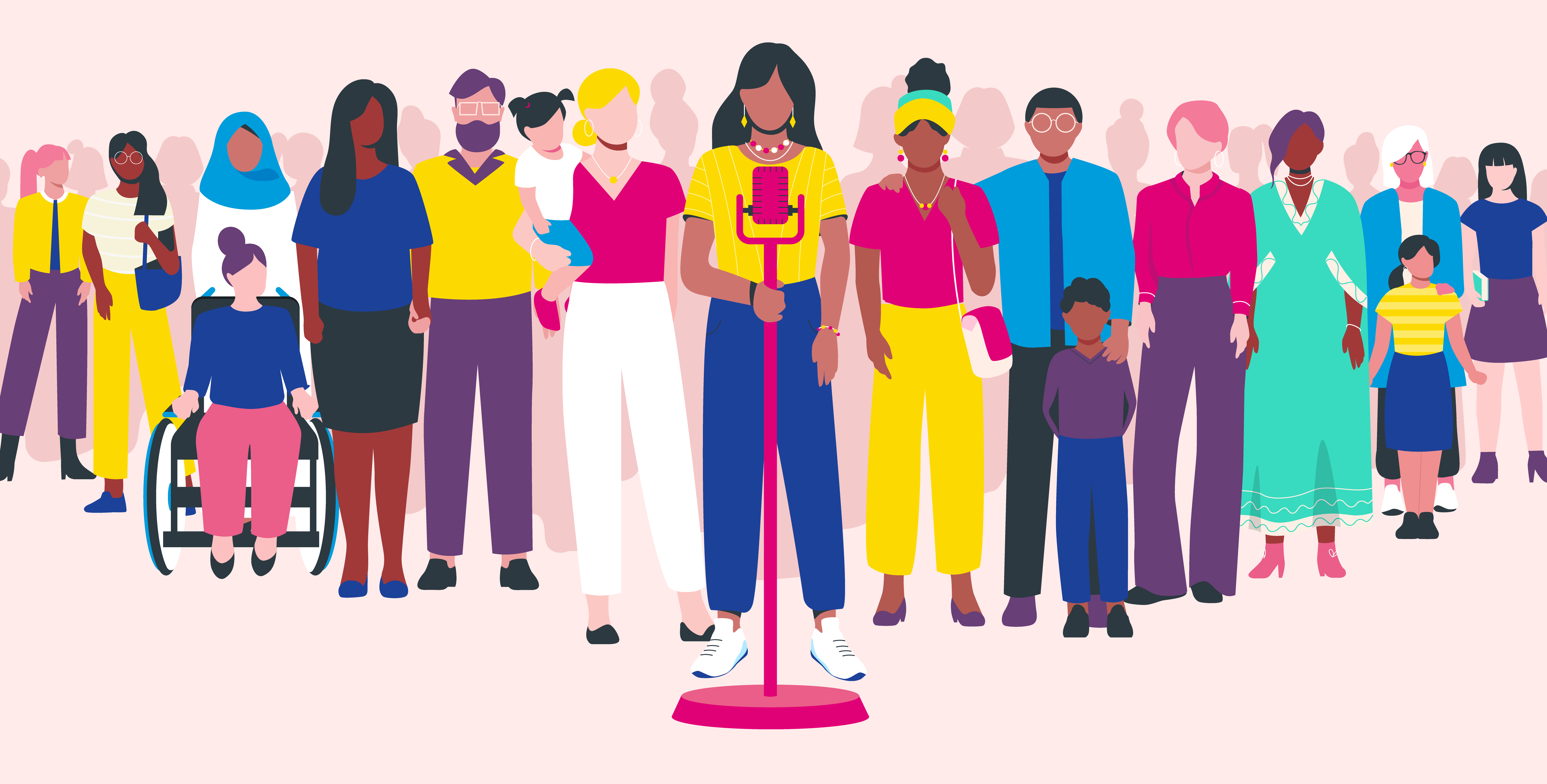 Illustration of five adults and one child standing in a group