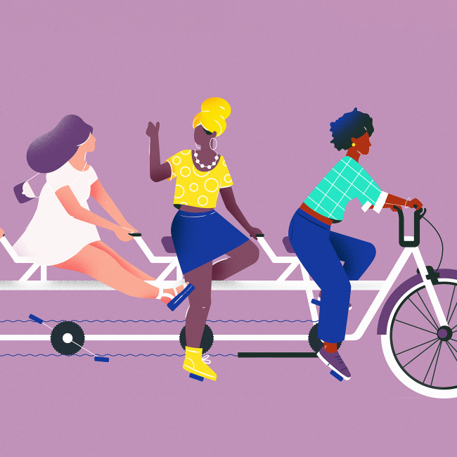 Illustration of five women riding a five seated tandem bike together