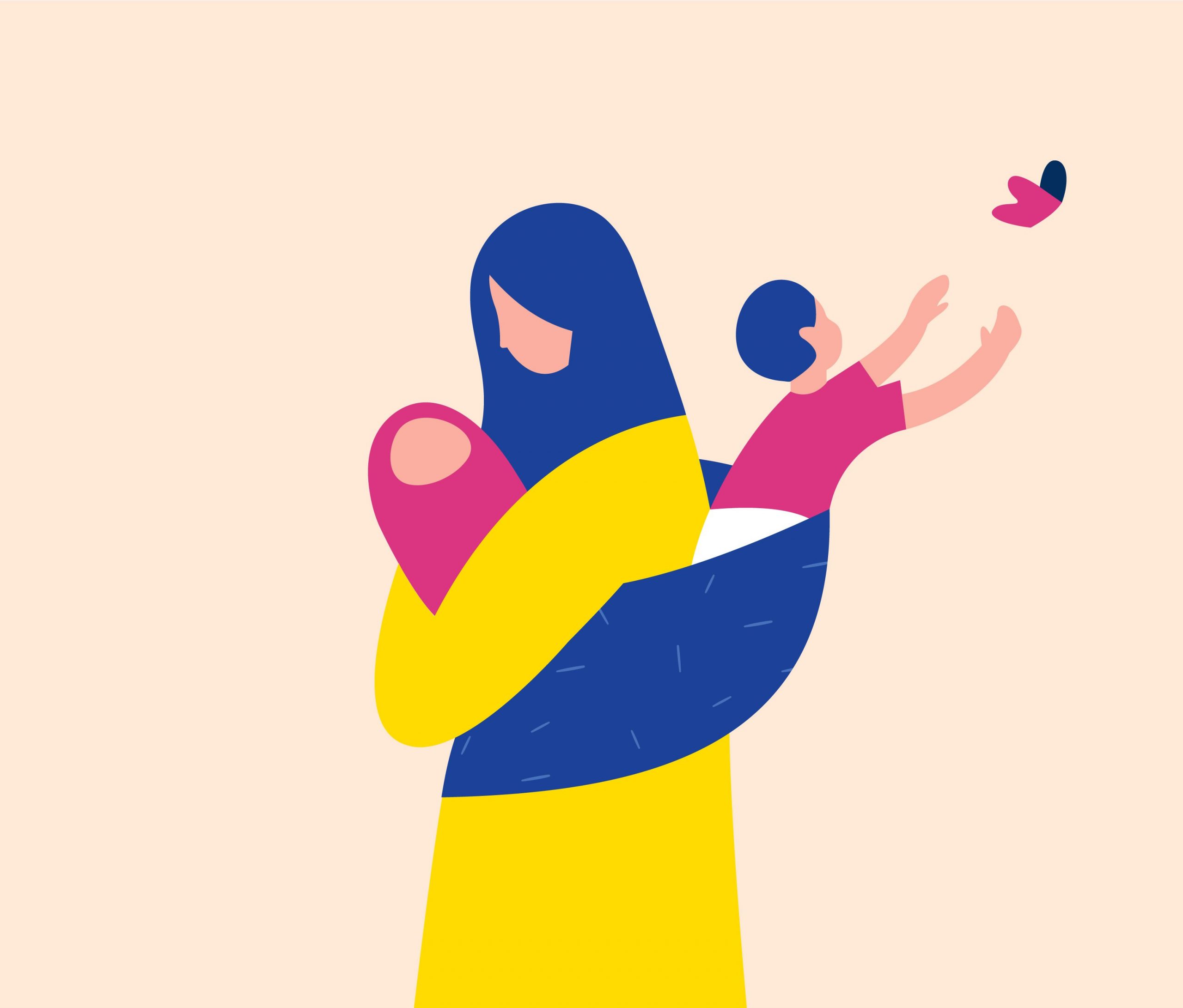Illustration of a mom holding her two kids